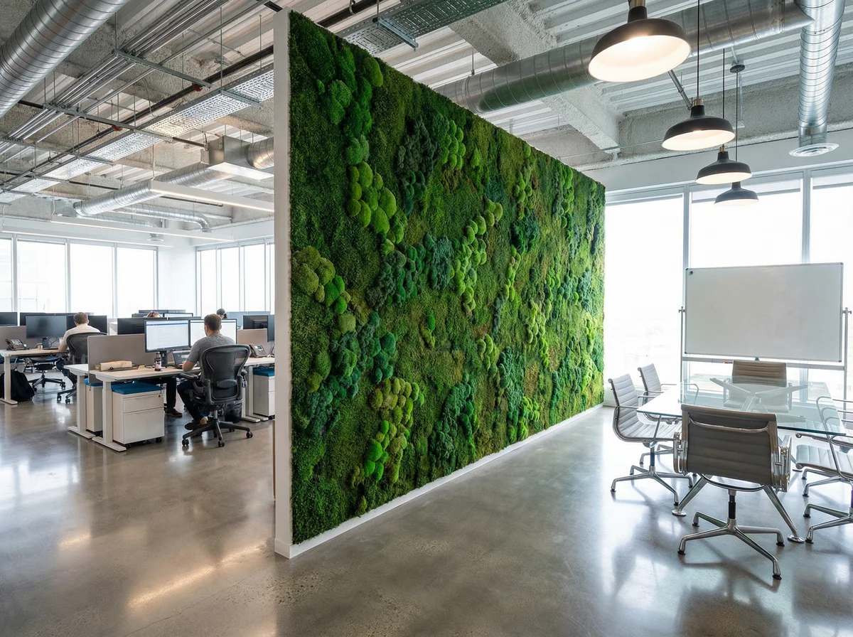 Parete divisoria verde stabilizzato in ufficio open space moderno