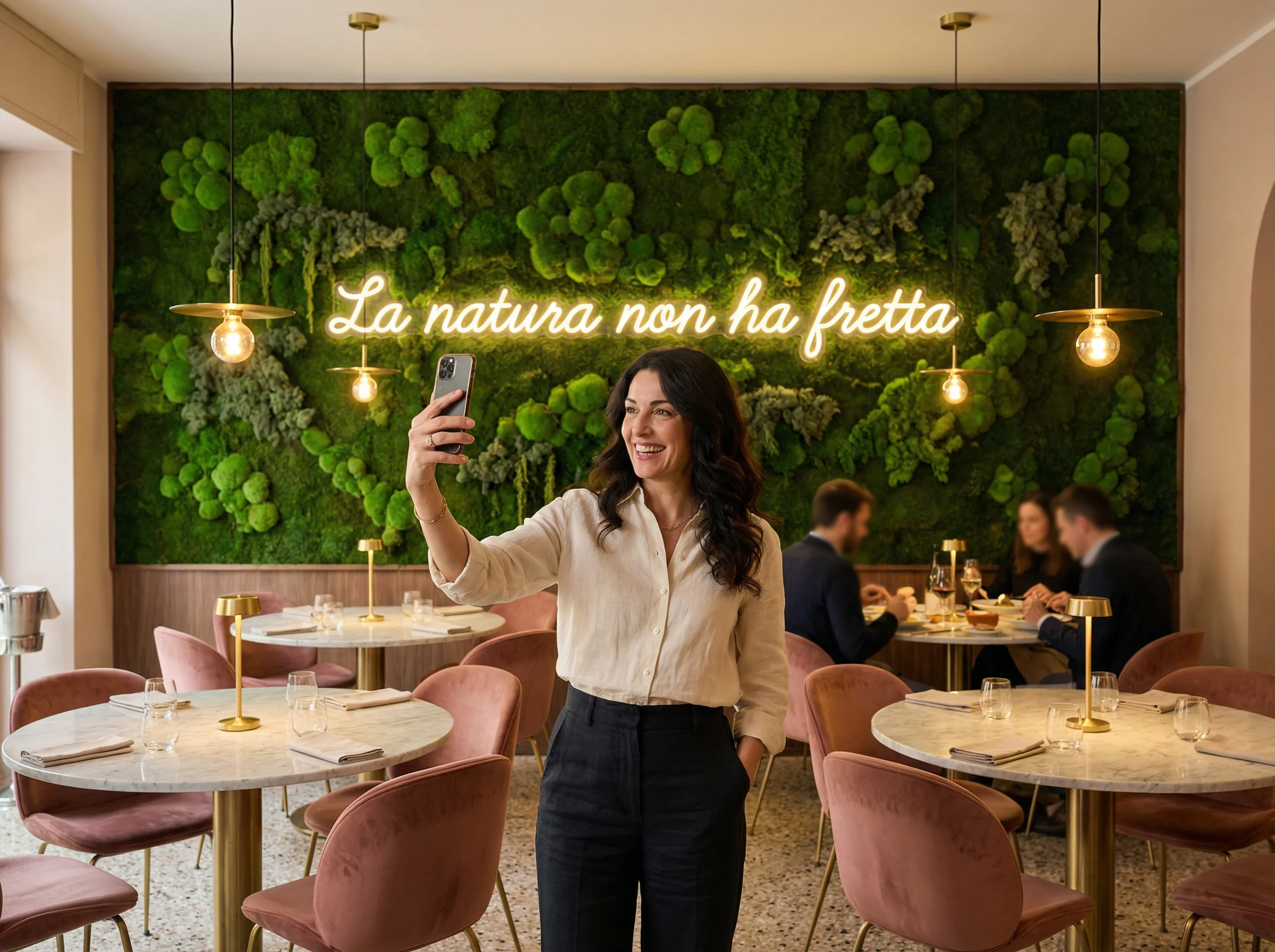 Parete verde stabilizzato instagrammabile in ristorante con scritta neon La natura non ha fretta