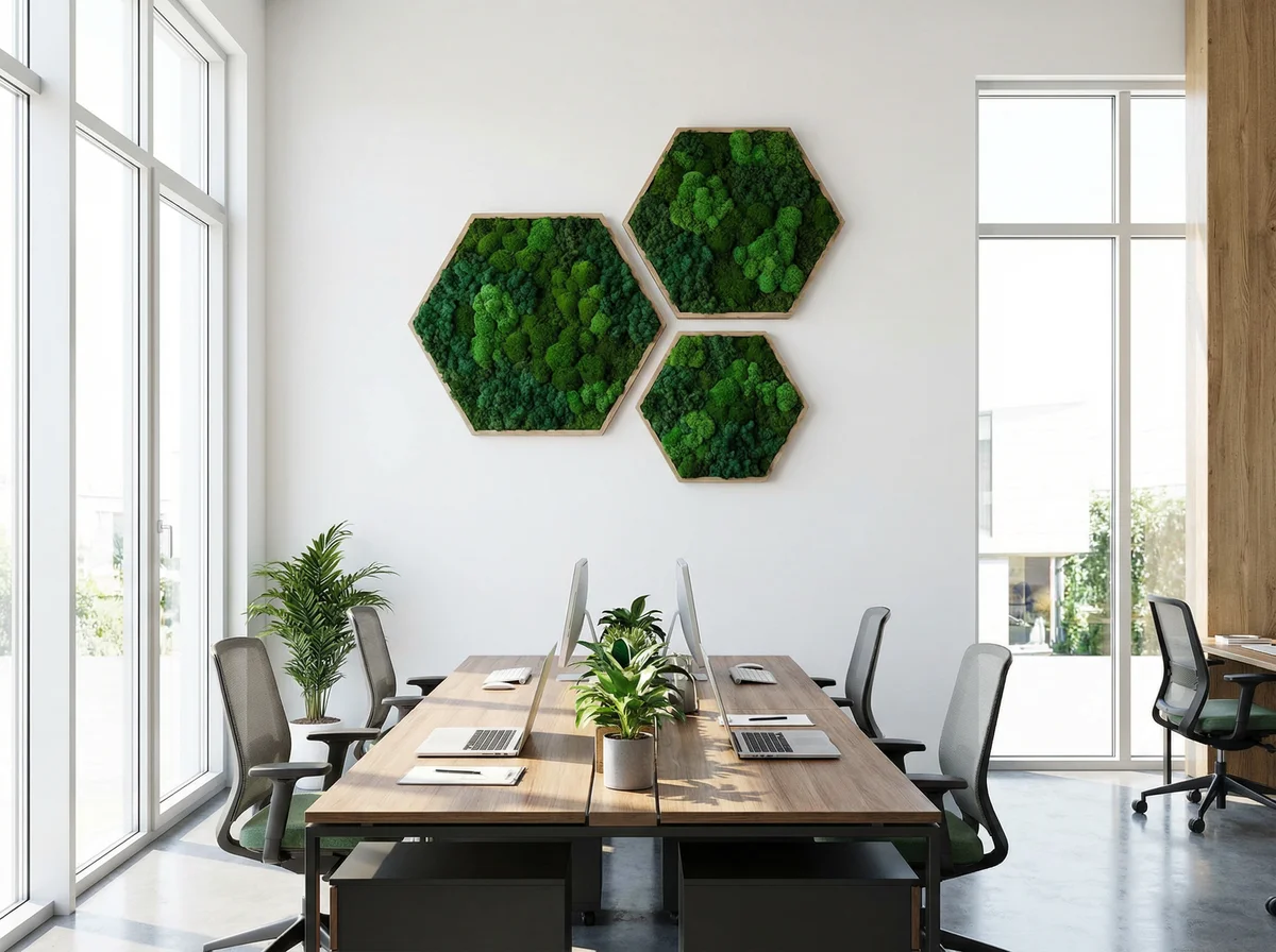 Quadri esagonali verde stabilizzato in spazio coworking moderno