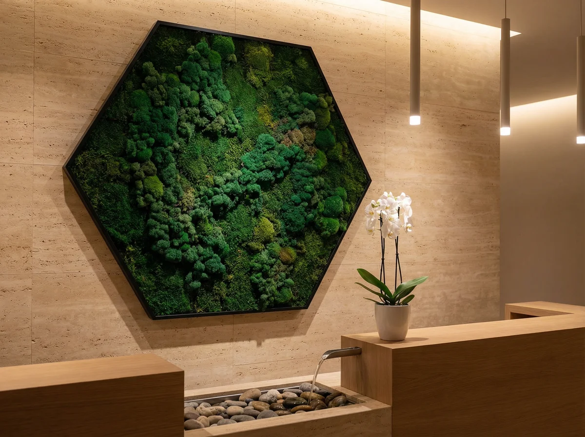 Quadro esagonale verde stabilizzato con cornice nera in spa wellness