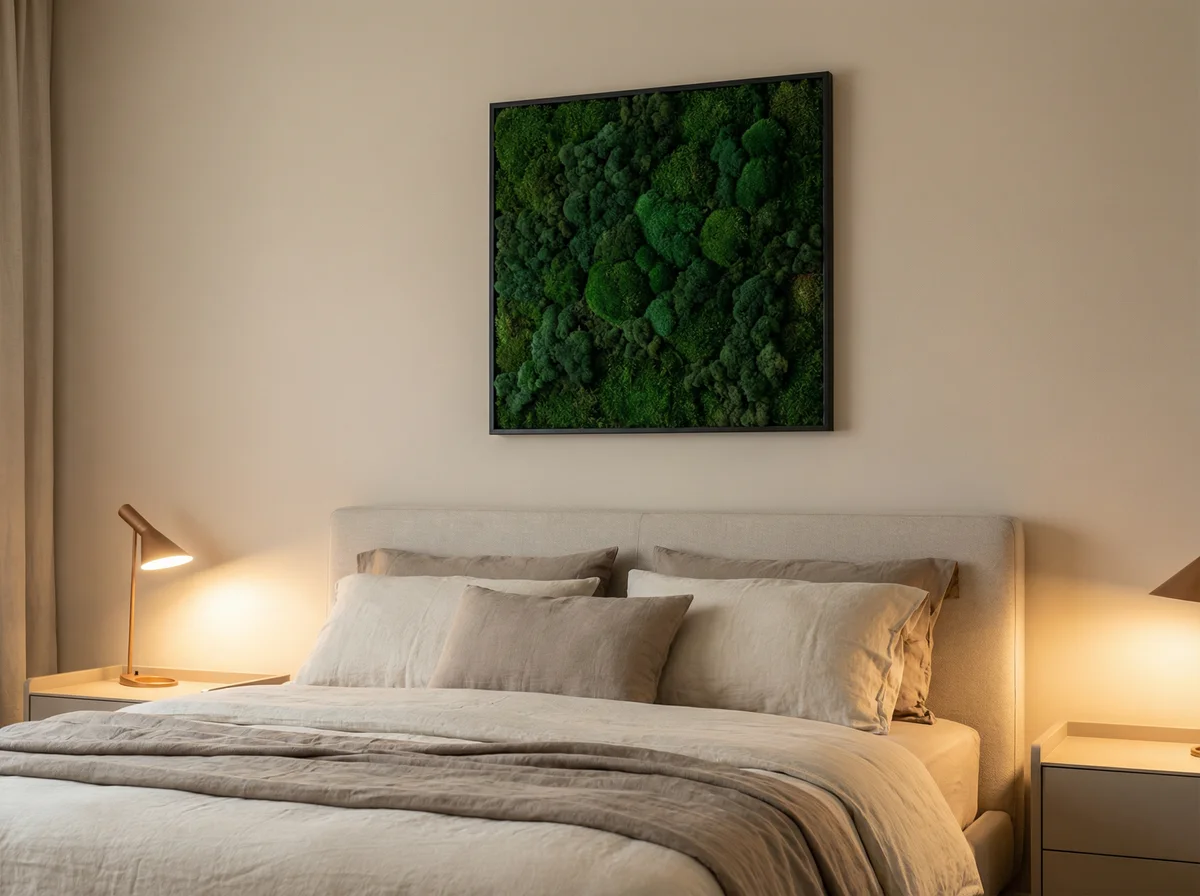 Quadro quadrato verde stabilizzato con cornice nera in camera da letto elegante
