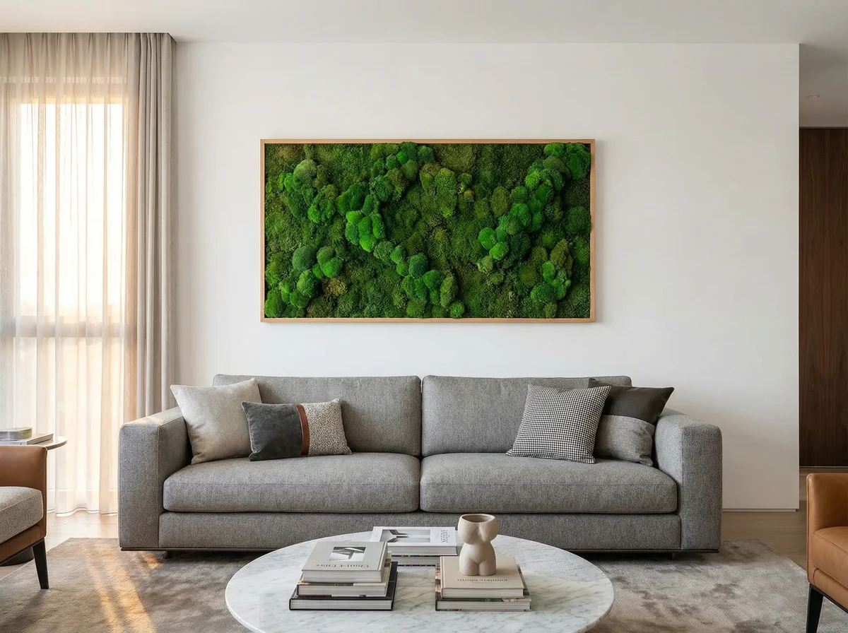 Quadro verde stabilizzato rettangolare con cornice legno in soggiorno moderno