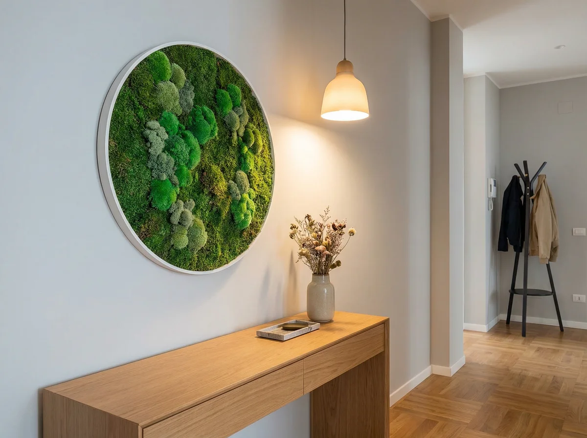 Quadro tondo verde stabilizzato con cornice bianca in ingresso casa